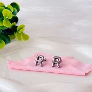 Silver Bubble Letter R Stud Earrings Stainless Steel